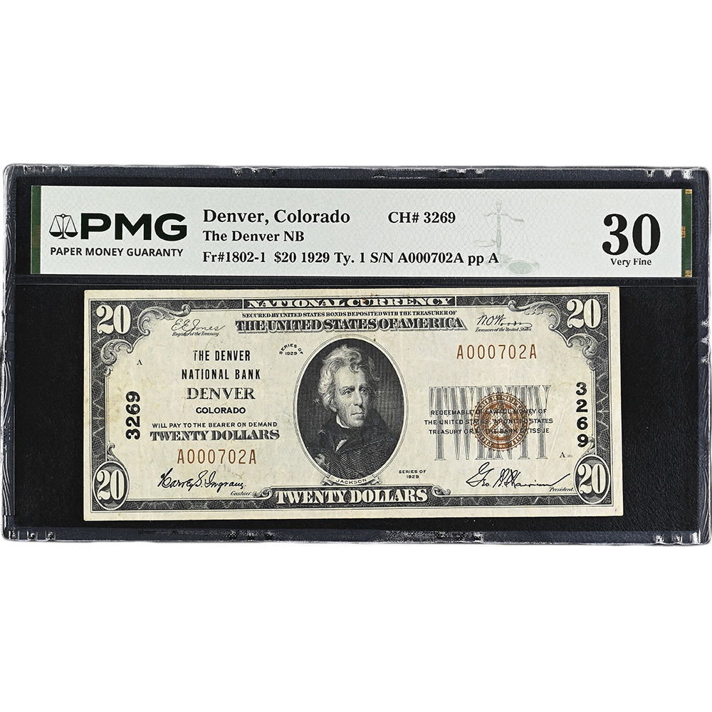The Denver National Bank Denver, CO, $20 1929 Ty. 1 Small Size CH#3269 PMG VF30