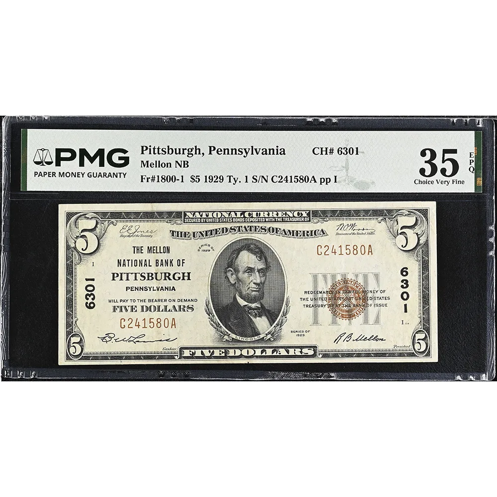 The Mellon NB Of Pittsburgh, Pennsylvania $5 1929 CH#6301 Fr #1800-1 PMG Choice VF 35 EPQ