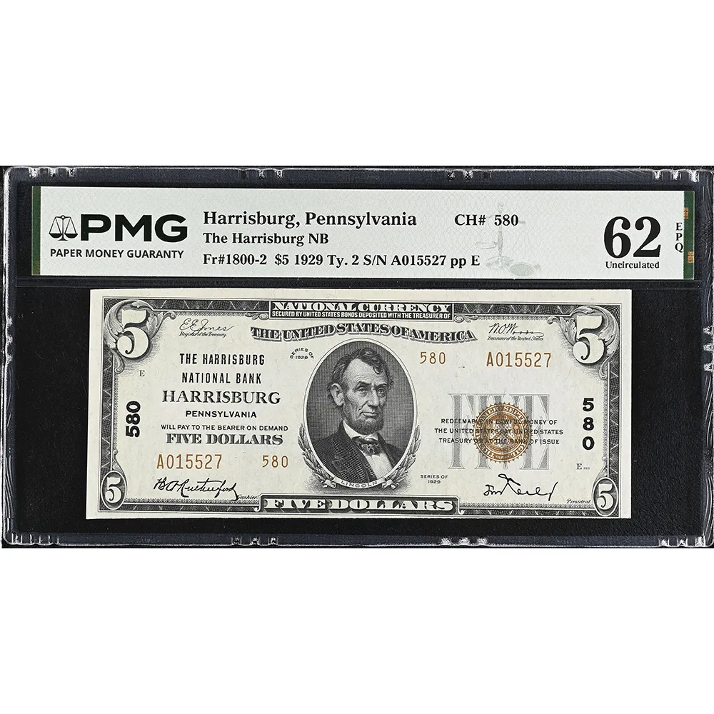 Harrisburg, Pennsylvania $5 1929 PMG 62 EPQ UNC Great Embossing CH#580 Fr #1800-2