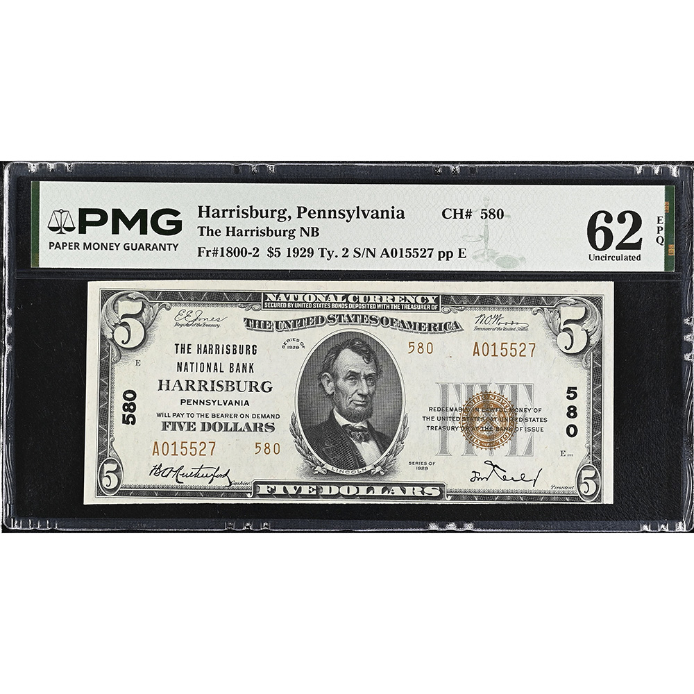 Harrisburg, Pennsylvania $5 1929 PMG 62 EPQ UNC Great Embossing CH#580 Fr #1800-2