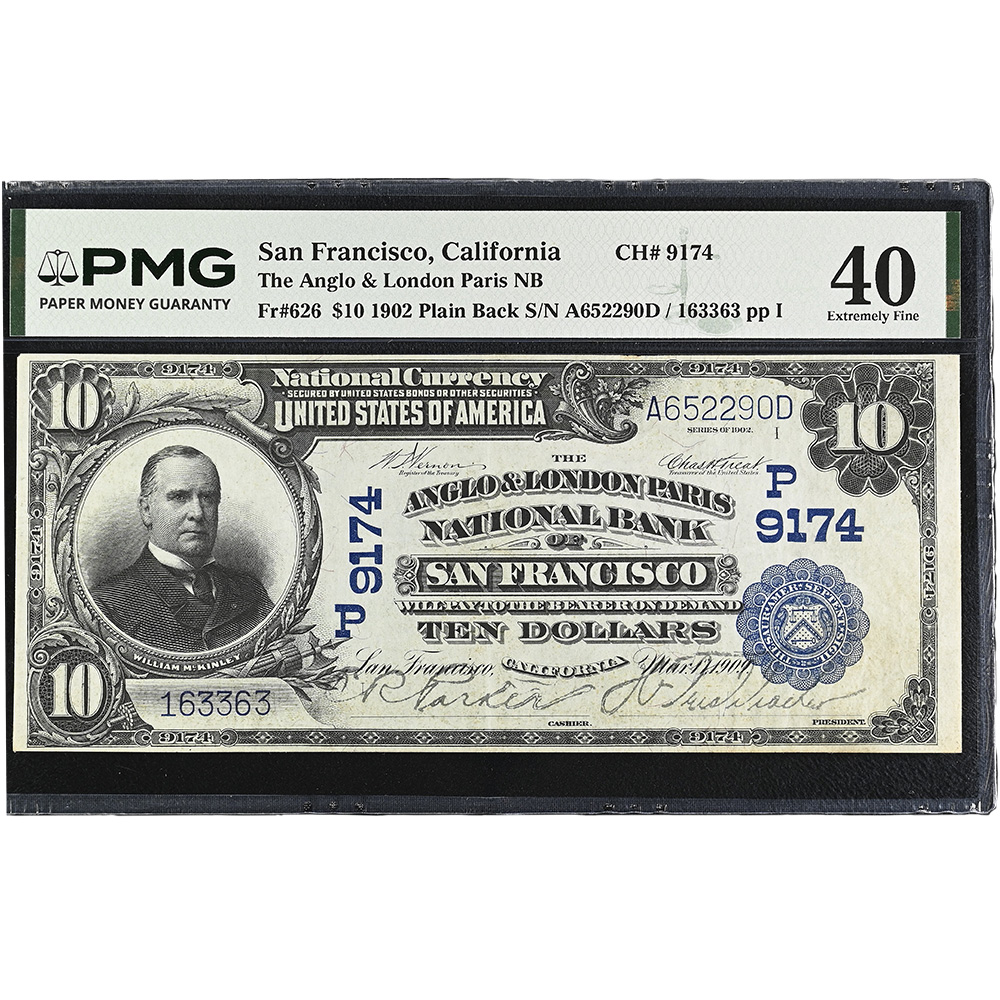San Francisco, CA - $10 1902 Plain Back Fr. 626 Anglo & London Paris NB Ch. # 9174 PMG XF 40