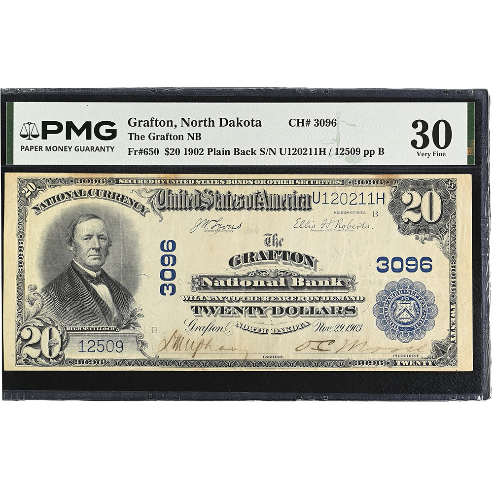 Grafton, North Dakota - $20 1902 Plain Back Fr. 650 The Grafton NB Ch. # 3096 PMG VF 30