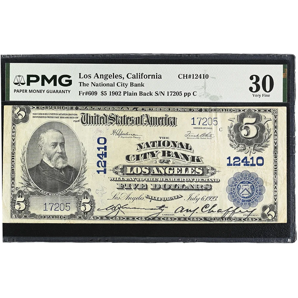 Los Angeles, California - $5 1902 Plain Back Fr. 609 The National City Bank Ch. # 12410 PMG VF 30