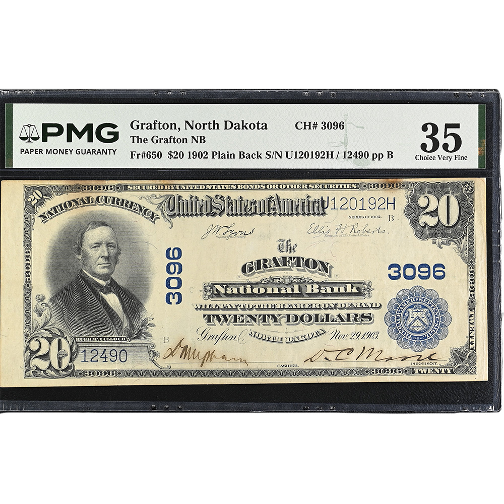 Grafton, North Dakota - $20 1902 Plain Back Fr. 650 The Grafton NB Ch. # 3096 PMG Choice VF 35