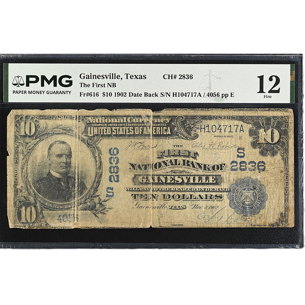 Gainesville, Texas - $10 1902 Plain Back Fr. 616 The First NB Ch. # 2836 PMG F12