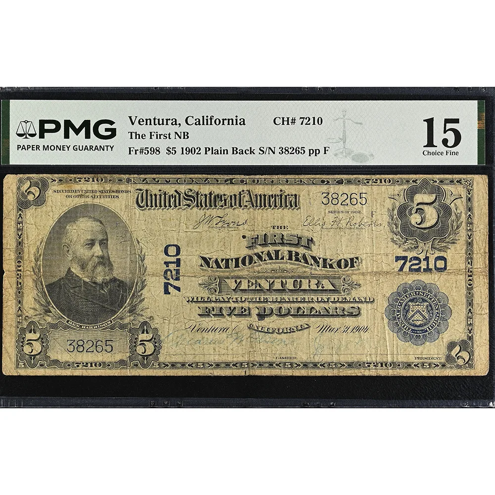 Ventura, CA – $5 1902 Plain Back Fr. 598 The First NB Ch. # 7210 PMG Choice F15