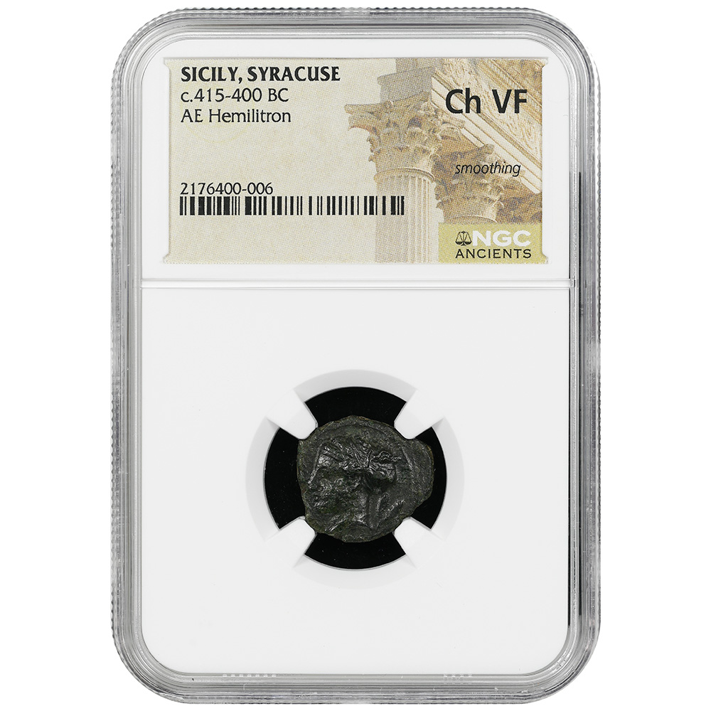 415-400 BC Sicily Syracuse Head of Arethusa l AE Hemilitron NGC CH VF