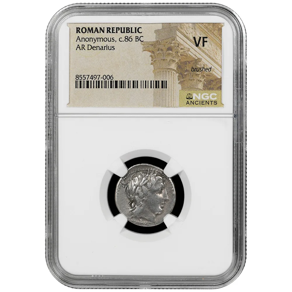 c.86 BC Roman Republic Apollo Bust/Jupiter In Quadriga AR Denarius NGC VF