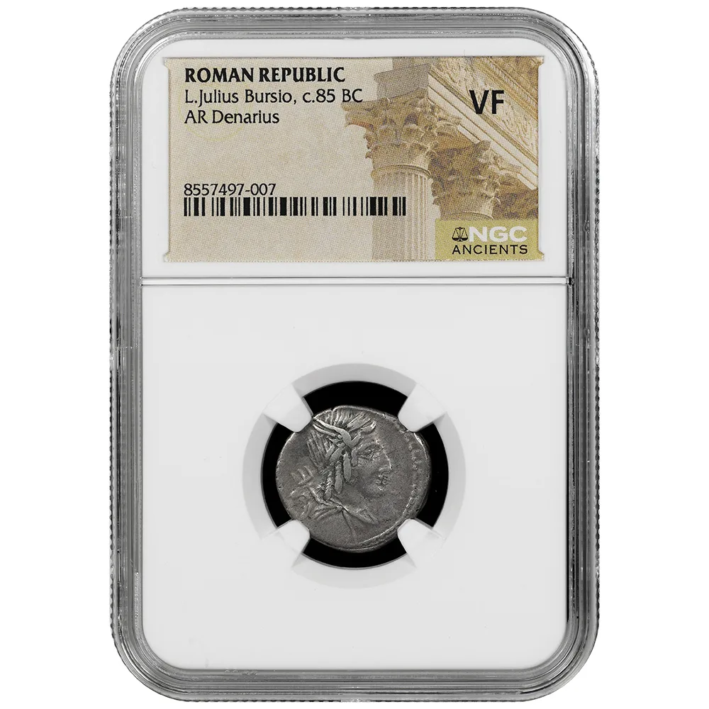 c.85 BC Roman Republic Lucius Julius Bursio Rev. Victory In Quadriga AR Denarius NGC VF