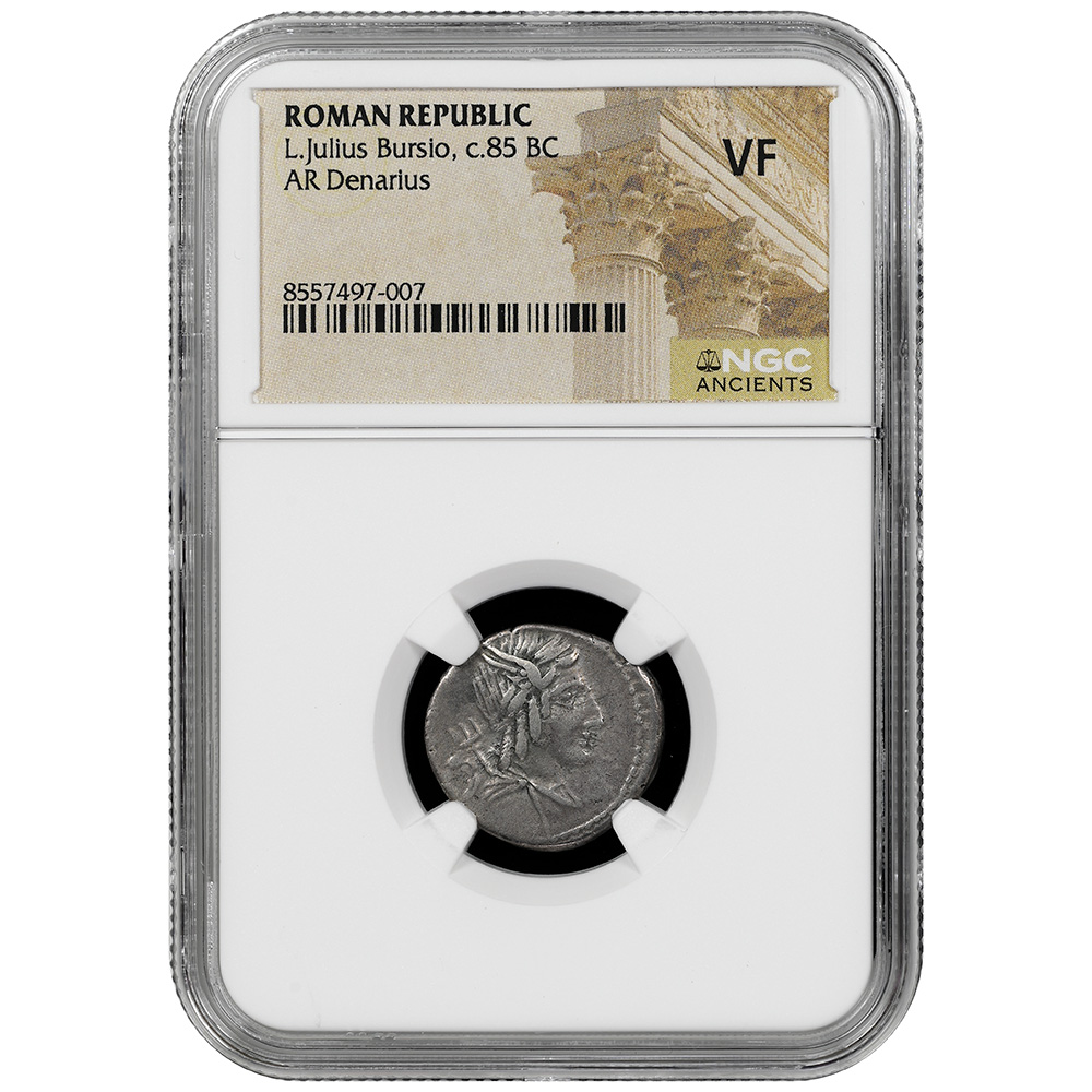 c.85 BC Roman Republic Lucius Julius Bursio Rev. Victory In Quadriga AR Denarius NGC VF
