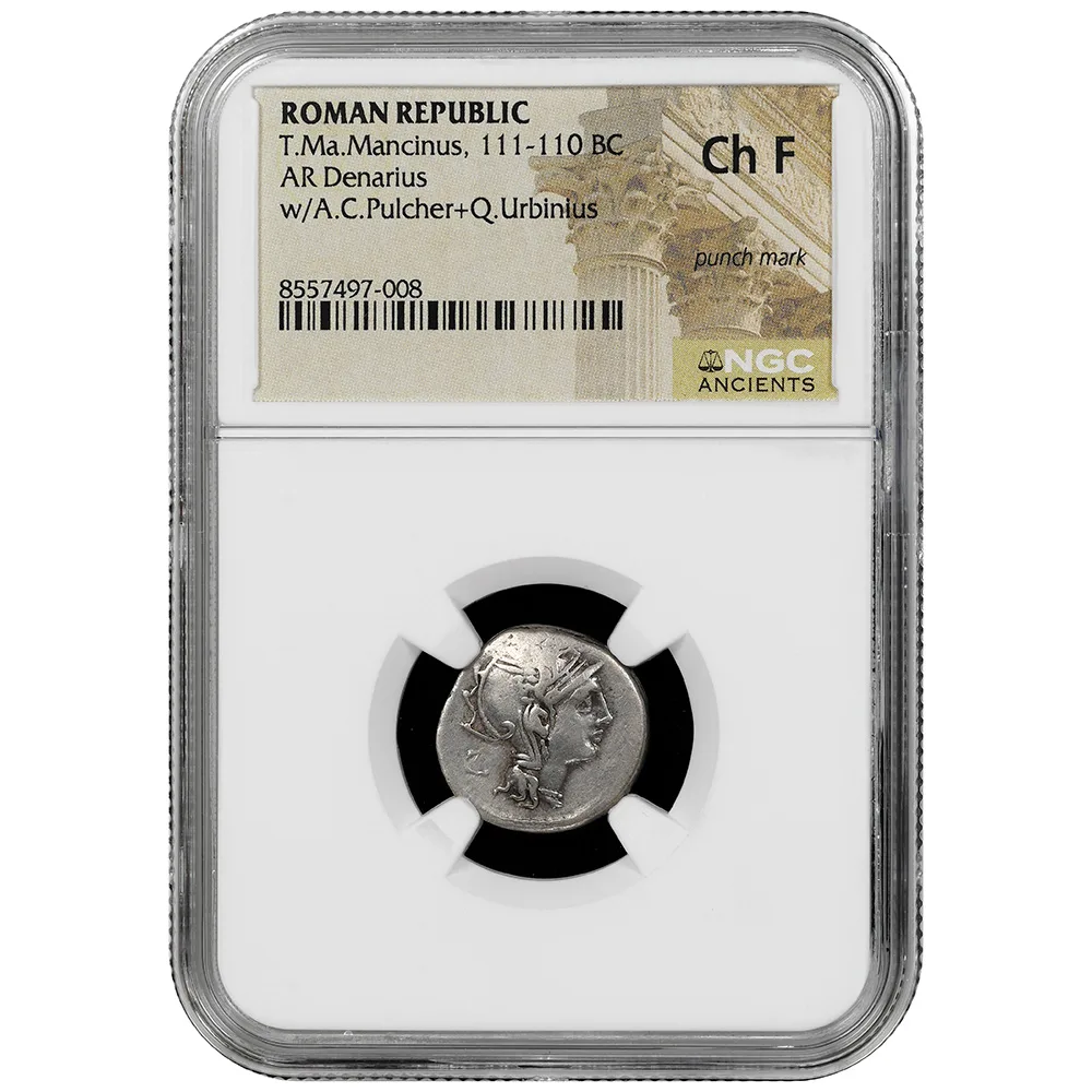 111-110 BC Roman Republic T. Ma. Macinus W/A.C. Pulcher + Q. Urbinius AR Denarius NGC CH F