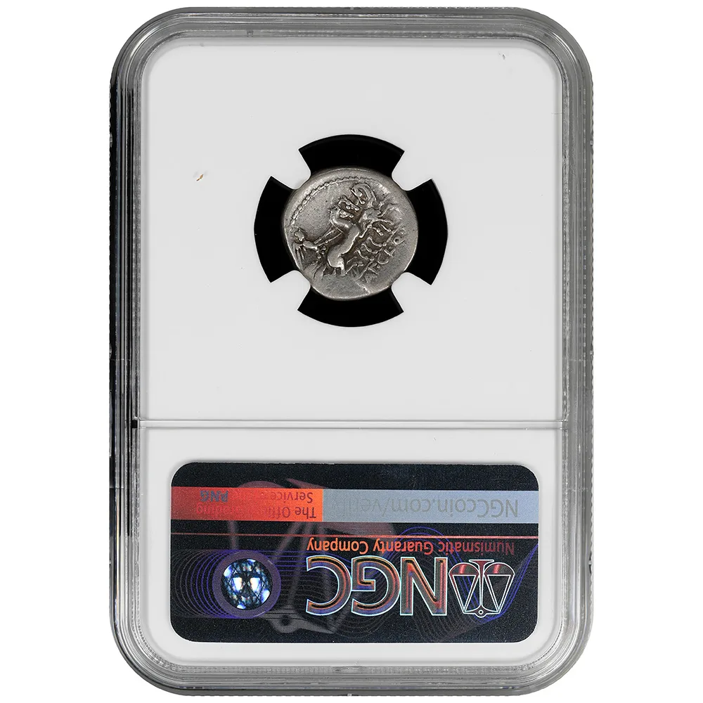 111-110 BC Roman Republic T. Ma. Macinus W/A.C. Pulcher + Q. Urbinius AR Denarius NGC CH F