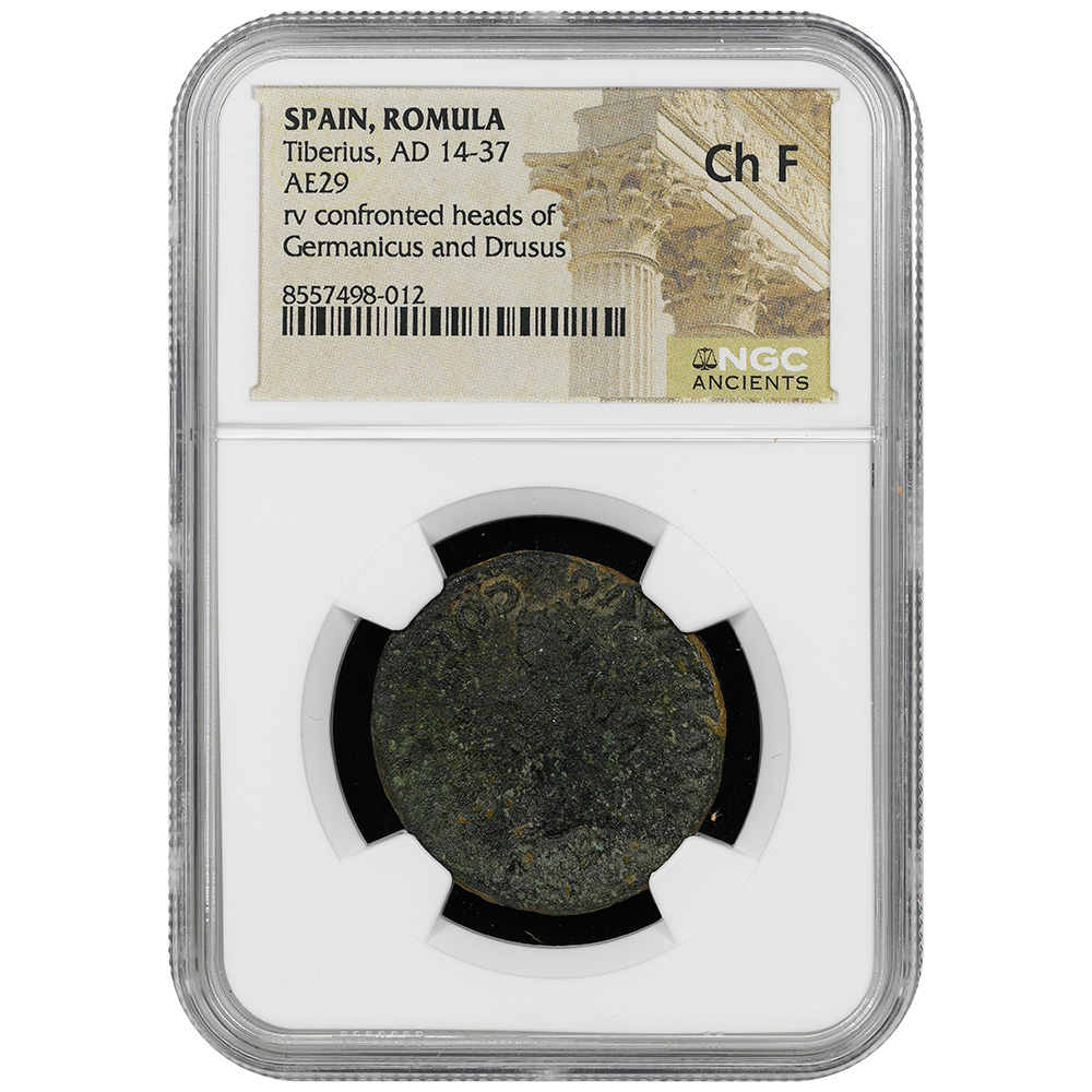 AD 14-37 Tiberius Confronted Heads of Germanicus and Drusus AE 29 NGC CH F