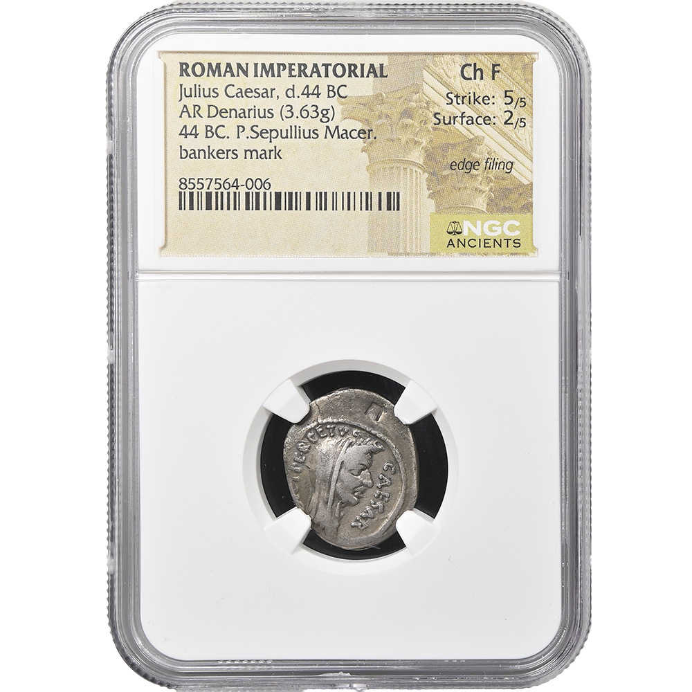 d. 44 BC Roman Imperatorial Julius Caesar AR Denarius NGC Choice Fine Nice Tone