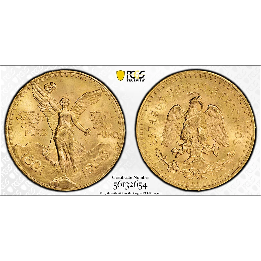 1943 50 Pesos Gold Centenario PCGS MS 64