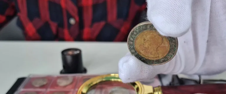 Collector examining collectible coins before purchase