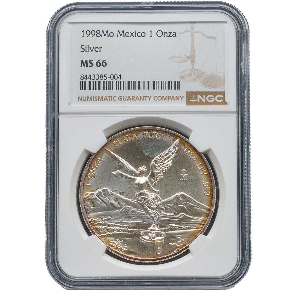 1998 Mexico 1 oz Silver Libertad Toned NGC MS 66