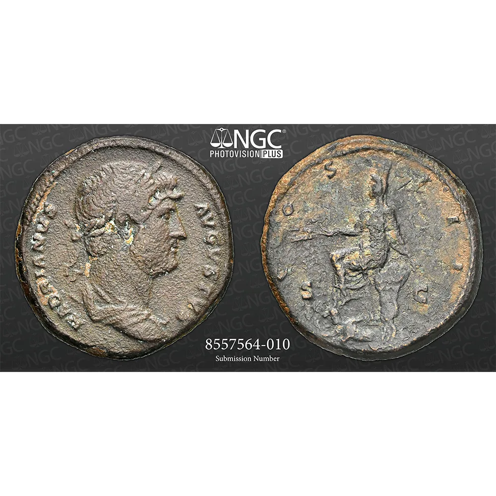 Roman Empire Hadrian AD 138-161 AE AS Rev. Tyche W/ Orontes Below NGC CH VF Fine Style