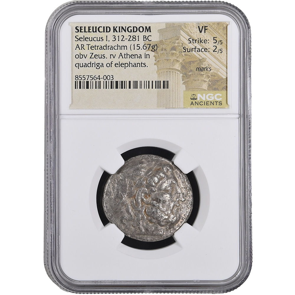 312-281 BC Seleucus I AR Tetradrachm Obv. Zeus Rev. Athena in Quadriga in Elephants NGC VF