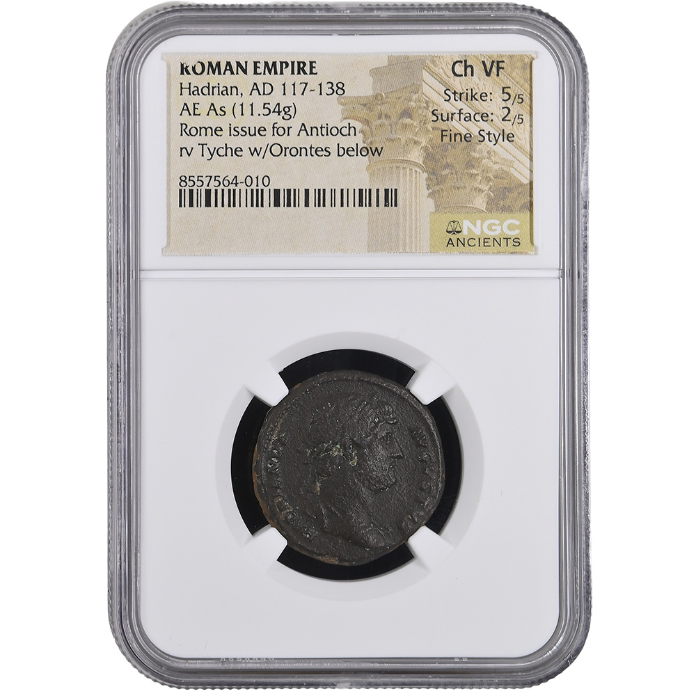 Roman Empire Hadrian AD 138-161 AE AS Rev. Tyche W/ Orontes Below NGC CH VF Fine Style
