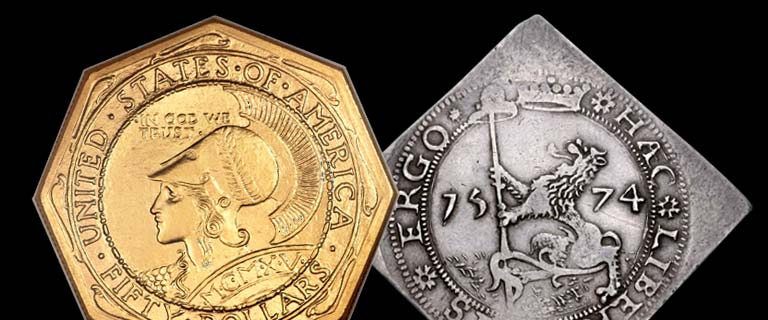 collection of odd-shaped coins including square, holed, and octagonal designs