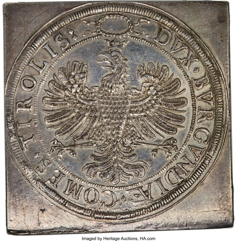 Backside of square Klippe 3 Taler coin of Archduke Leopold V struck in Hall mint