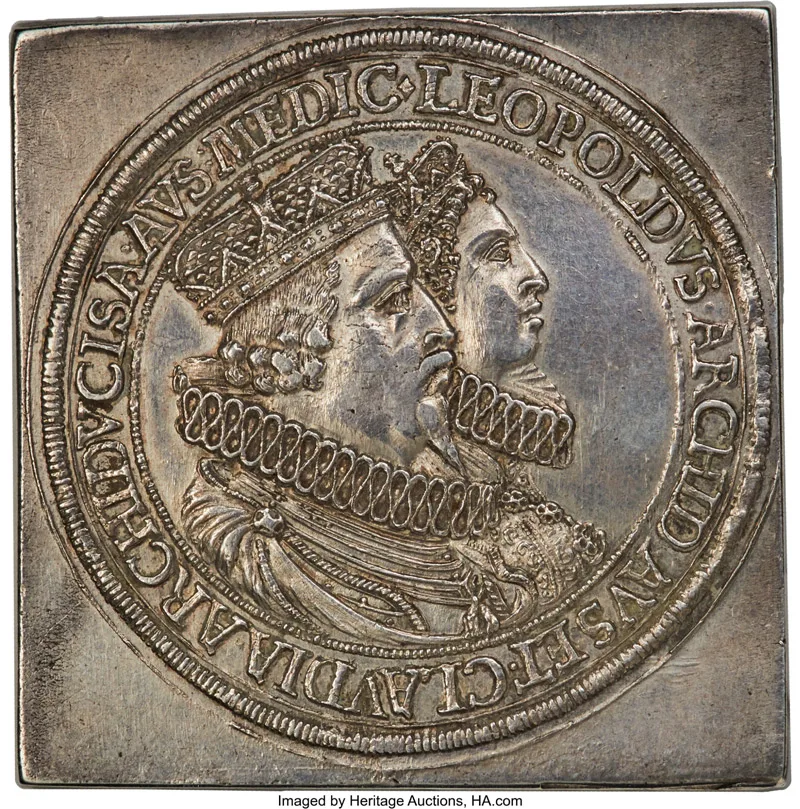 square Klippe 3 Taler coin of Archduke Leopold V struck in Hall mint