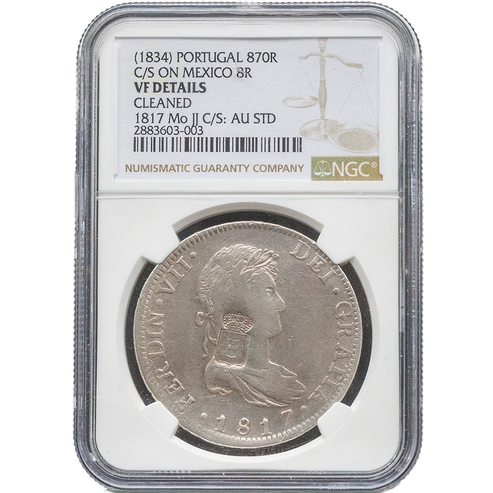 1834 Portugal 870 Reis C/S 8 Reales 1817 Mo JJ Mexico NGC VF Details