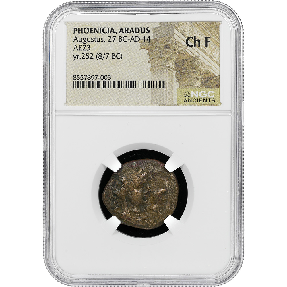 27 BC - AD 14 Phoenicia, Aradus Augustus AE 23 RPC 4482 NGC CH F
