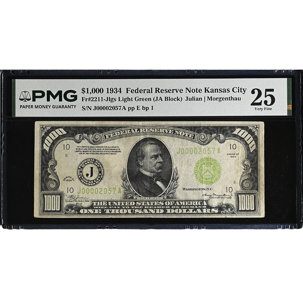 $1000 1934A Federal Reserve Note Kansas City 2212-J Green Block- Julian Morgenthau PMG VF25