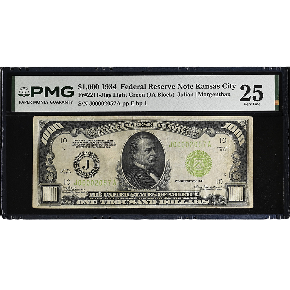 $1000 1934A Federal Reserve Note Kansas City 2212-J Green Block- Julian Morgenthau PMG VF25