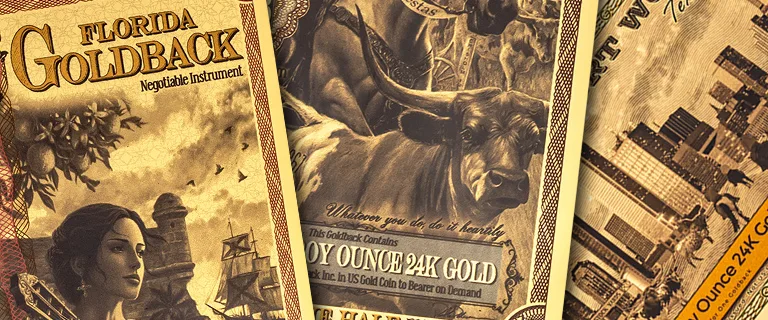 illustrated Florida Goldback currency designs featuring 24-karat gold-backed notes