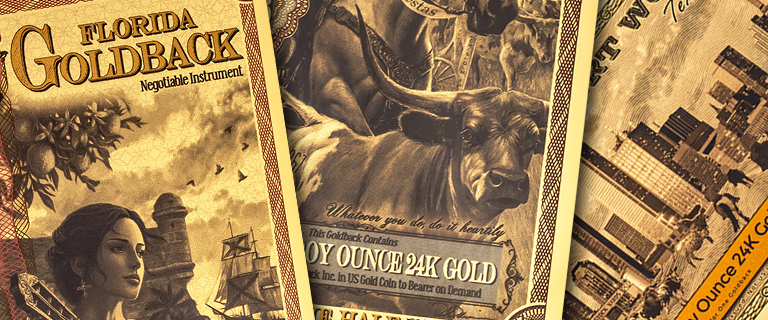 illustrated Florida Goldback currency designs featuring 24-karat gold-backed notes
