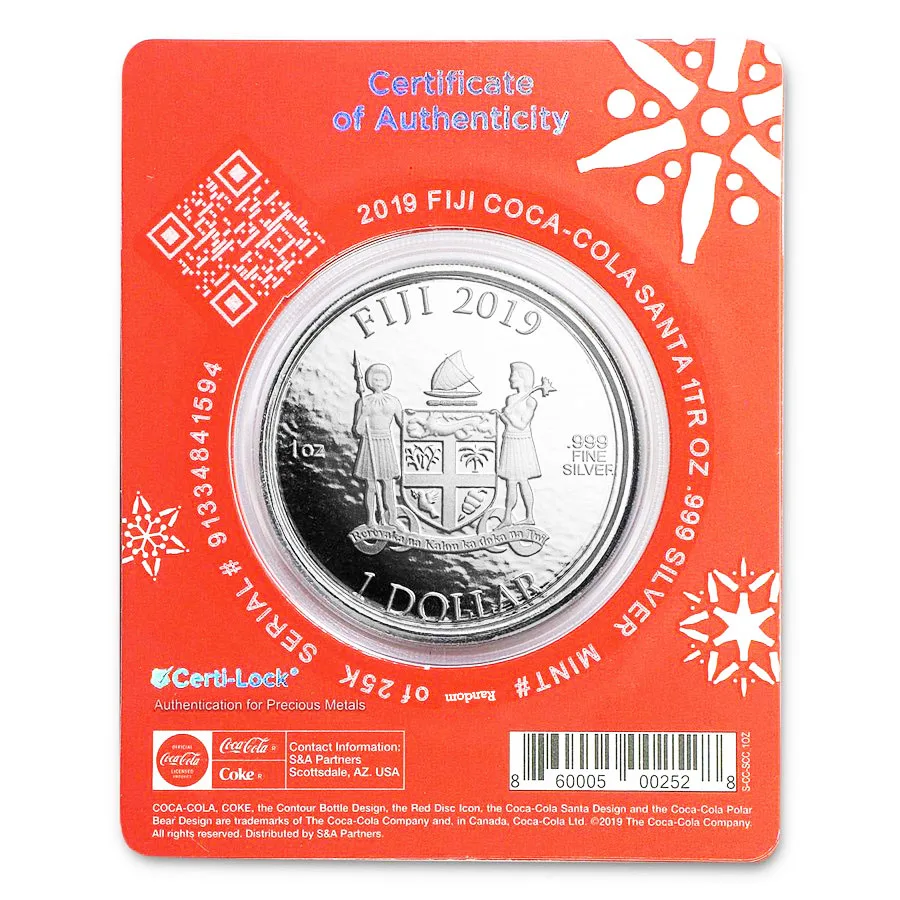 2019 Fiji 1 oz Proof Silver Coca-Cola Santa Holiday Coin - Image 2