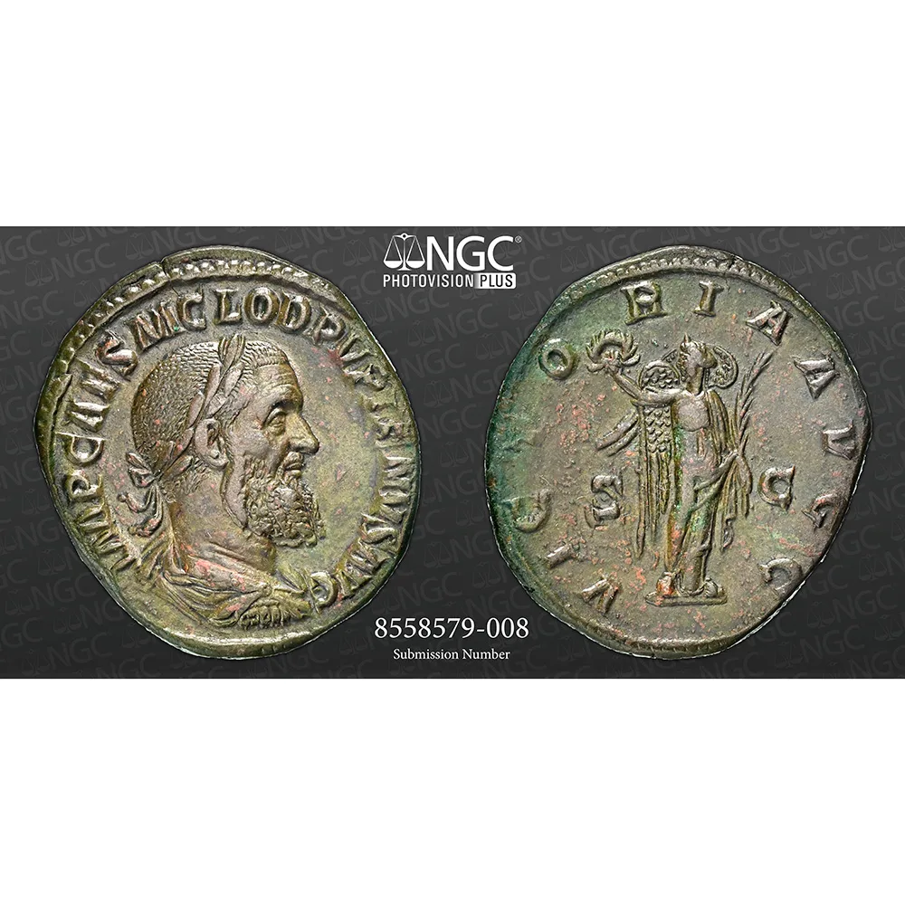 Pupienus AE Sestertius Victory NGC Ch XF* Strike 5/5 Surface 4/5 (AD 238)