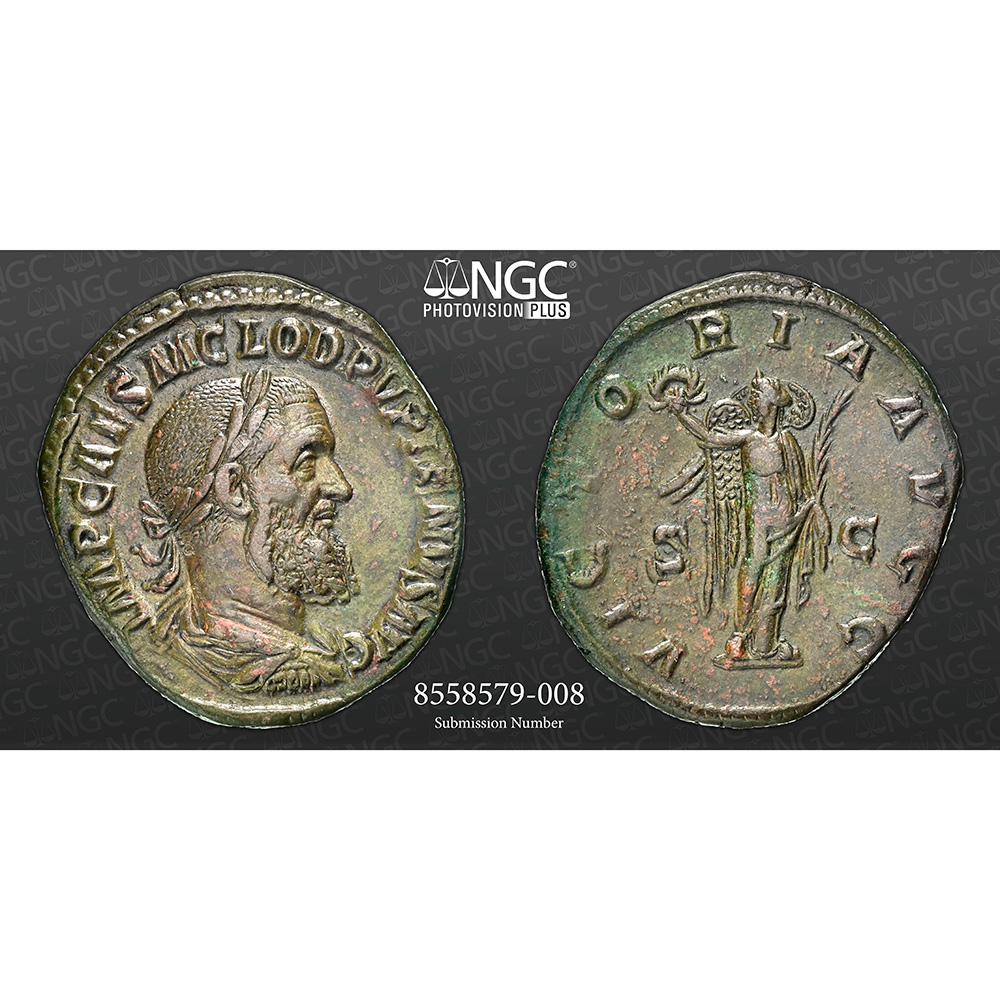 Pupienus AE Sestertius Victory NGC Ch XF* Strike 5/5 Surface 4/5 (AD 238)