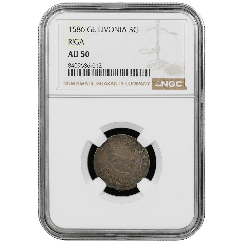 1586 GE POLAND RIGA GUM-814 3 Groschen NGC AU 50