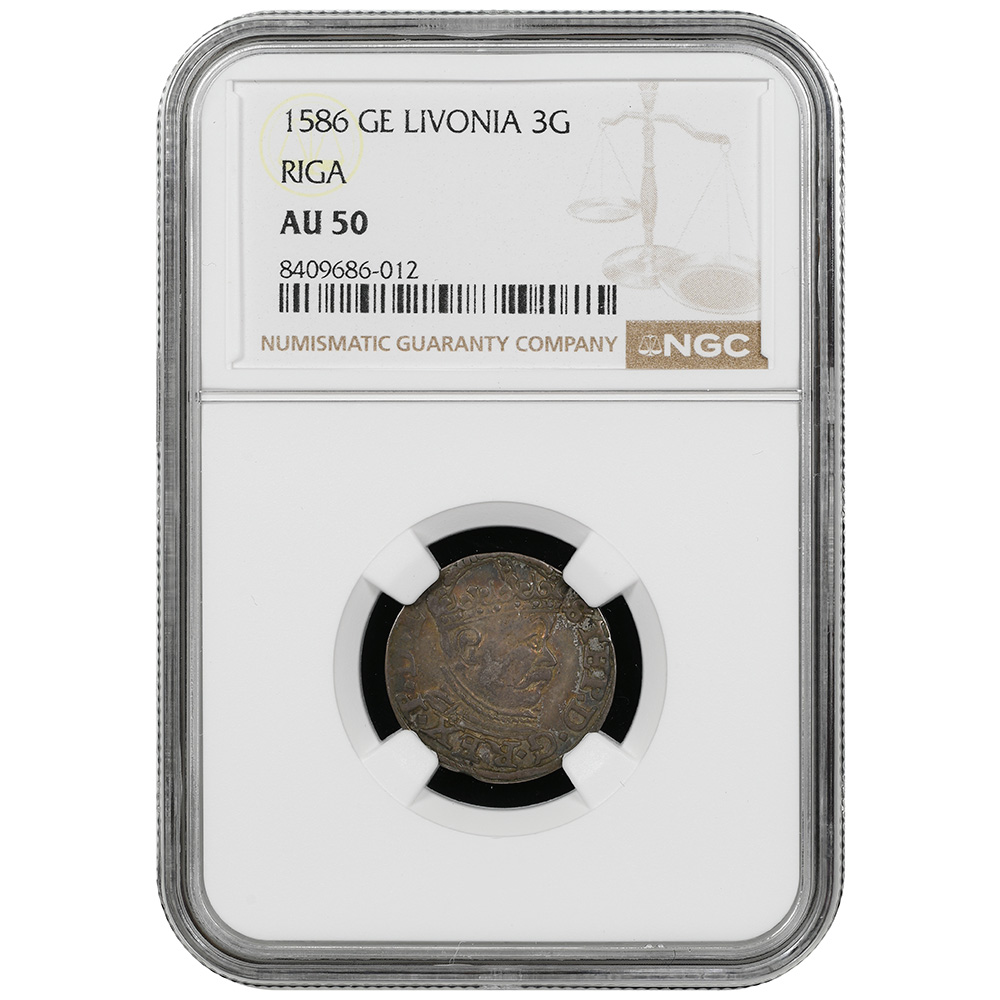 1586 GE POLAND RIGA GUM-814 3 Groschen NGC AU 50
