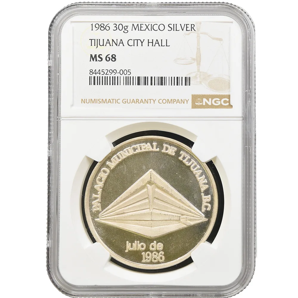 1986 Mexico Silver Tijuana City Hall High Relief Medal NGC MS 68