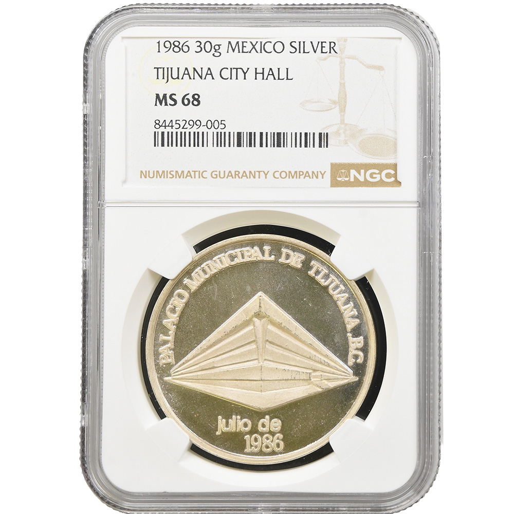 1986 Mexico Silver Tijuana City Hall High Relief Medal NGC MS 68