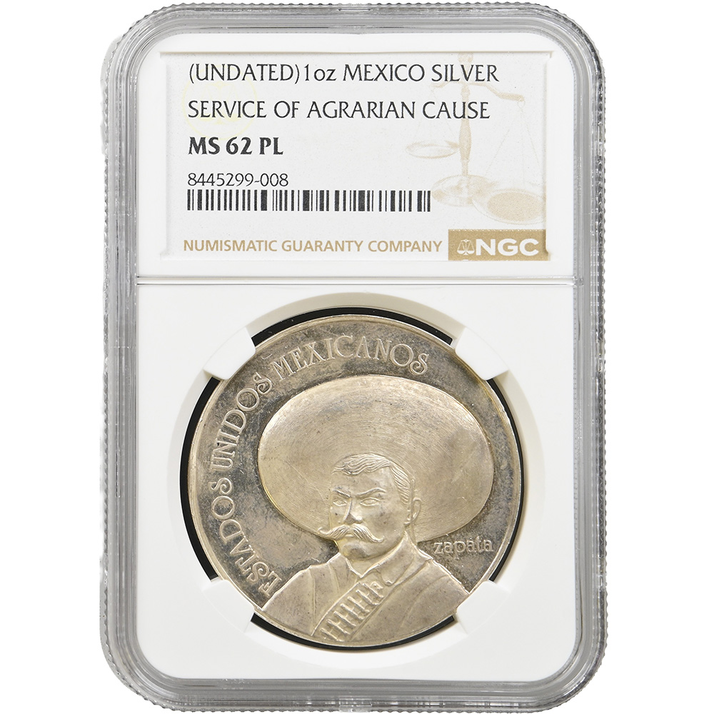 Mexico Silver Emiliano Zapata 30 Years Of Service Medal NGC MS 62 PL