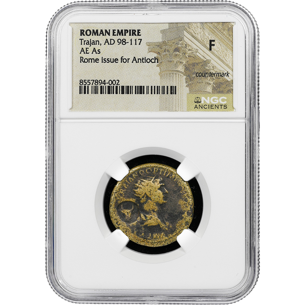 Roman Empire Trajan AD 98-117 AE Dupondius Countermark Bull's Head NGC F