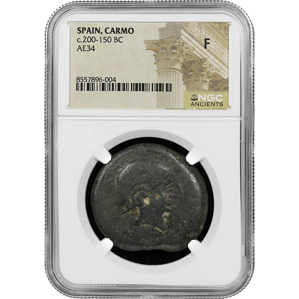 Spain Carmo Helmeted Head/ Two Grain Ears 200-150 BC AE 34 NGC F