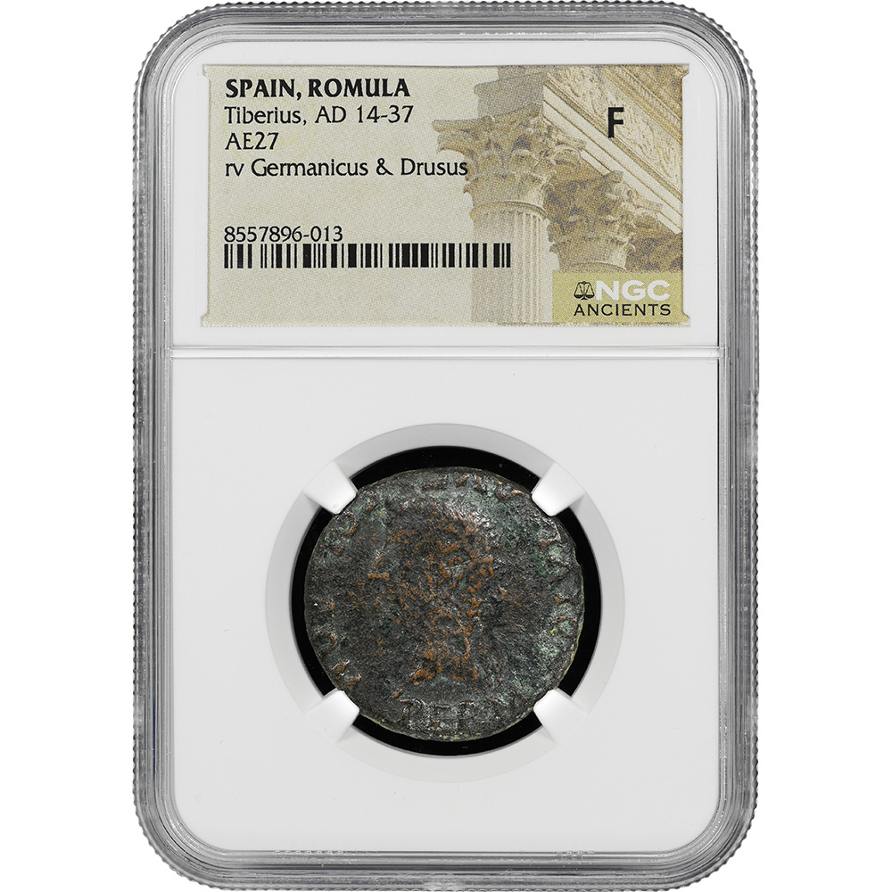 AD 14-37 Tiberius Confronted Heads of Germanicus and Drusus AE 27 NGC F