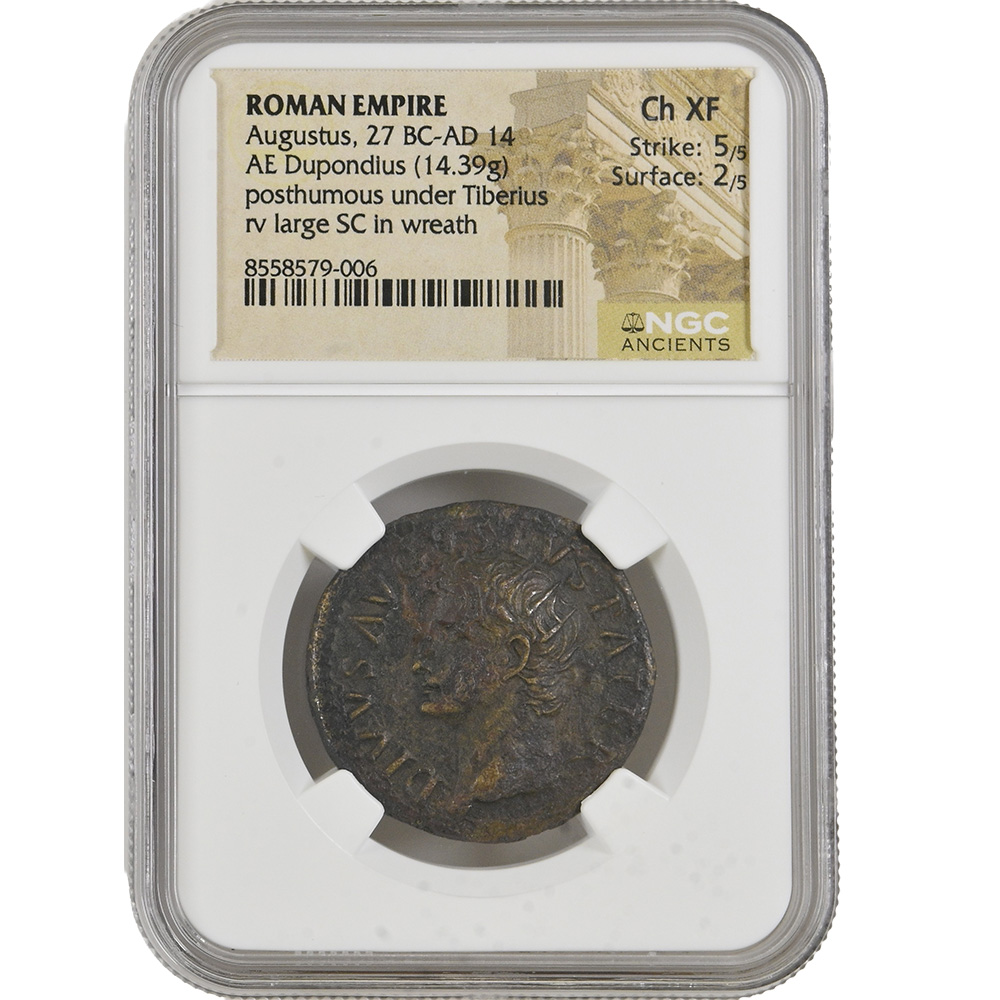 27 BC - AD 14 Roman Empire Augustus AE Dupondius RIC 79 NGC CH XF
