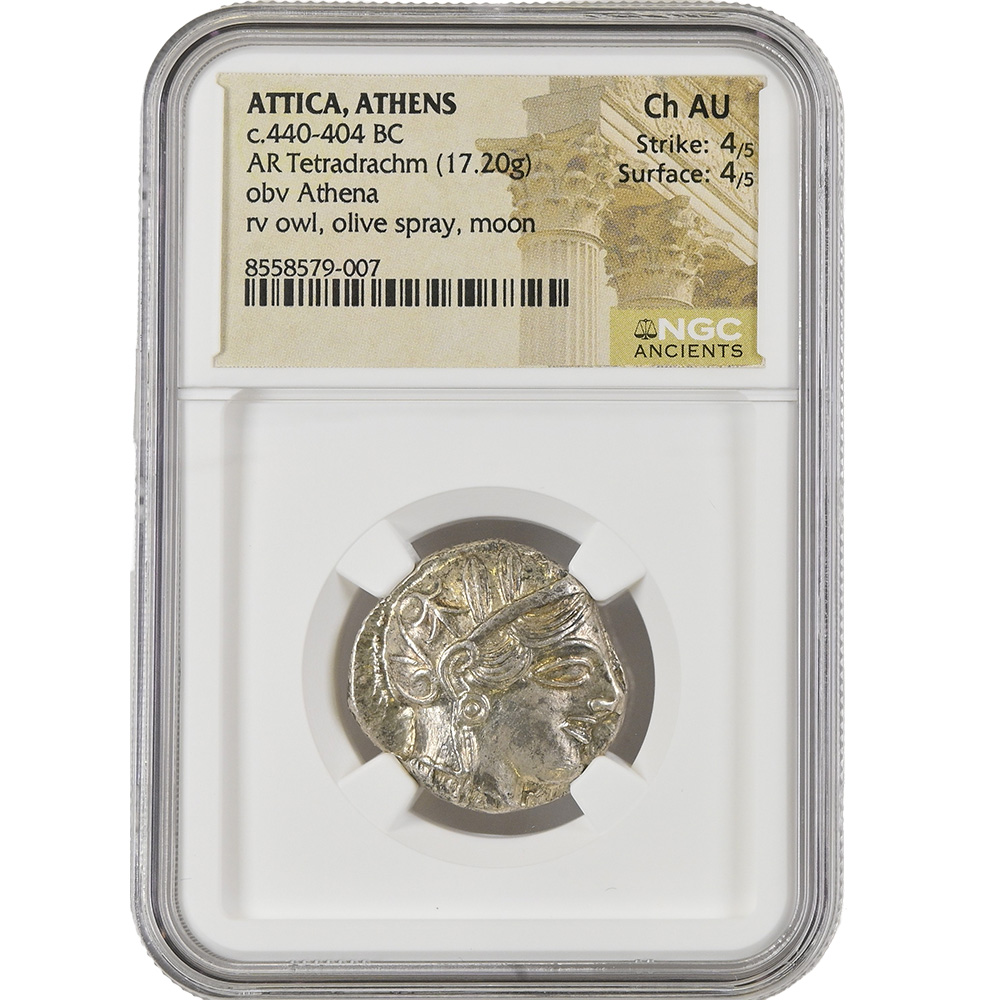 440-404 BC Attica Athens AR Tetradrachm Athena/Owl NGC CH AU Strike 4/5
