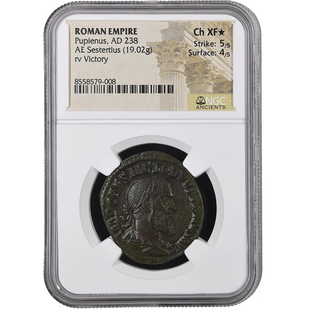 Pupienus AE Sestertius Victory NGC Ch XF* Strike 5/5 Surface 4/5 (AD 238)