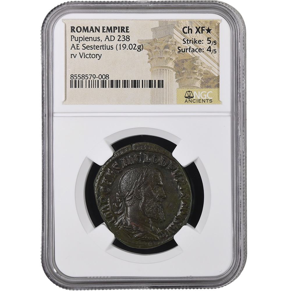 Pupienus AE Sestertius Victory NGC Ch XF* Strike 5/5 Surface 4/5 (AD 238)