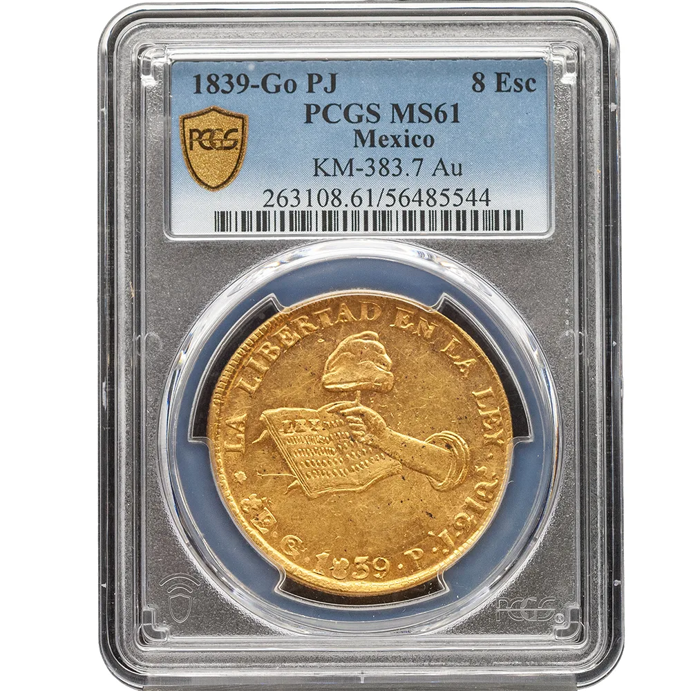 1839-Go PJ Mexico 8 Escudo NGC MS 61