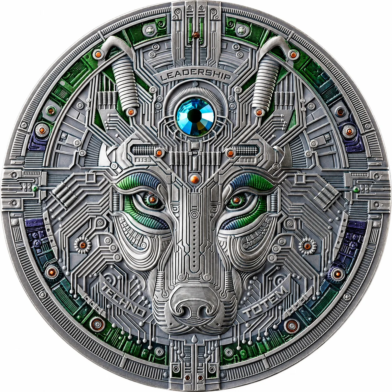 The Wolf Techno Totem 2 oz Antique finish Silver Coin 0.00001 Bitcoin
